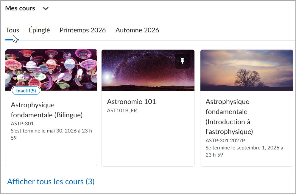 Composant graphique Mes cours affichant deux onglets de semestre et un onglet Tous regroupant tous les cours accessibles à l’utilisateur.