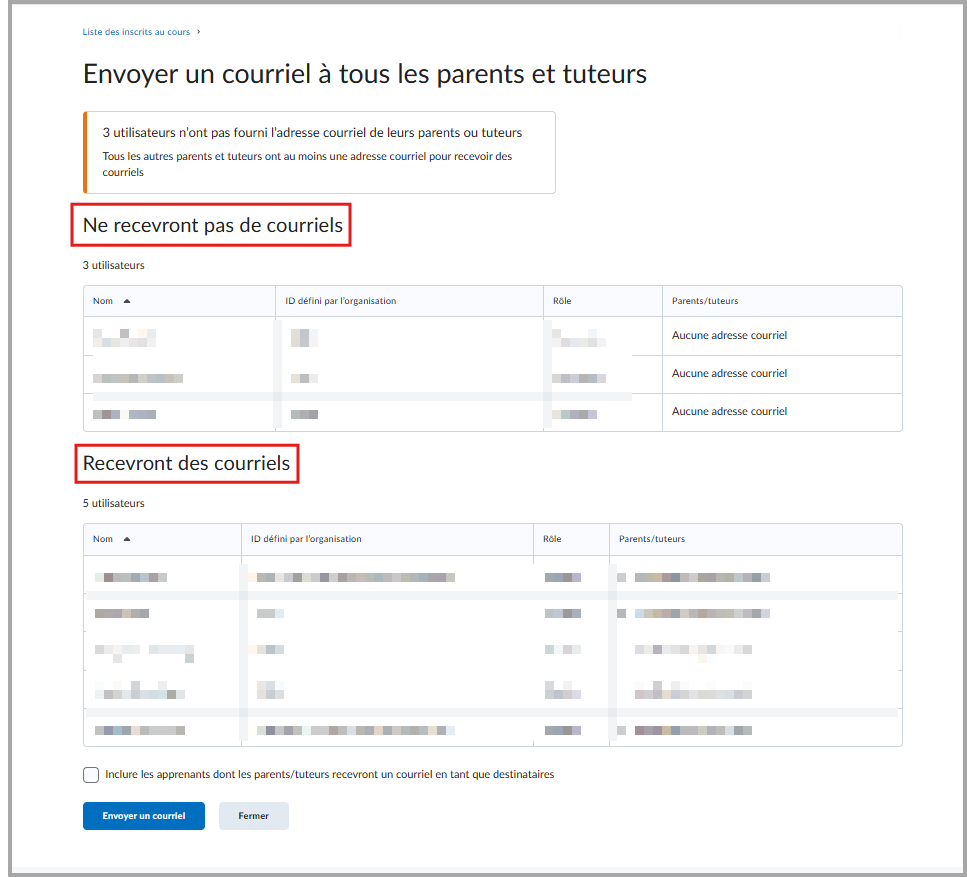 Liste indiquant quels parents et tuteurs recevront ou ne recevront pas de courriel selon la disponibilité des adresses électroniques