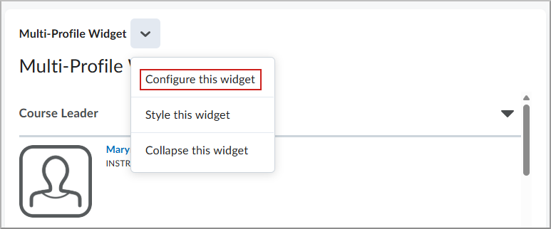 Componente para varios perfiles que muestra el menú Acciones con la opción Configurar este componente seleccionada.