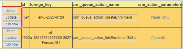 As ações de excluir, atualizar e executar agora o registro de CRM