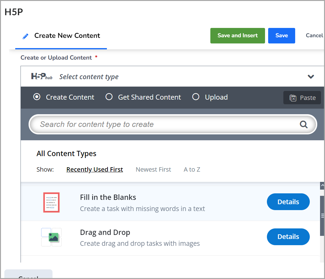 H5P content creation interface in Brightspace, showing options to Create Content, Get Shared Content, or Upload. The screen includes a search bar, content sorting options, and a list of content types like Fill in the Blanks and Drag and Drop with a Details button for each