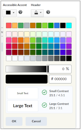 O seletor de cores permite selecionar uma cor manualmente ou, inserindo um valor de código hexadecimal, definir a saturação e verificar o contraste de acessibilidade.