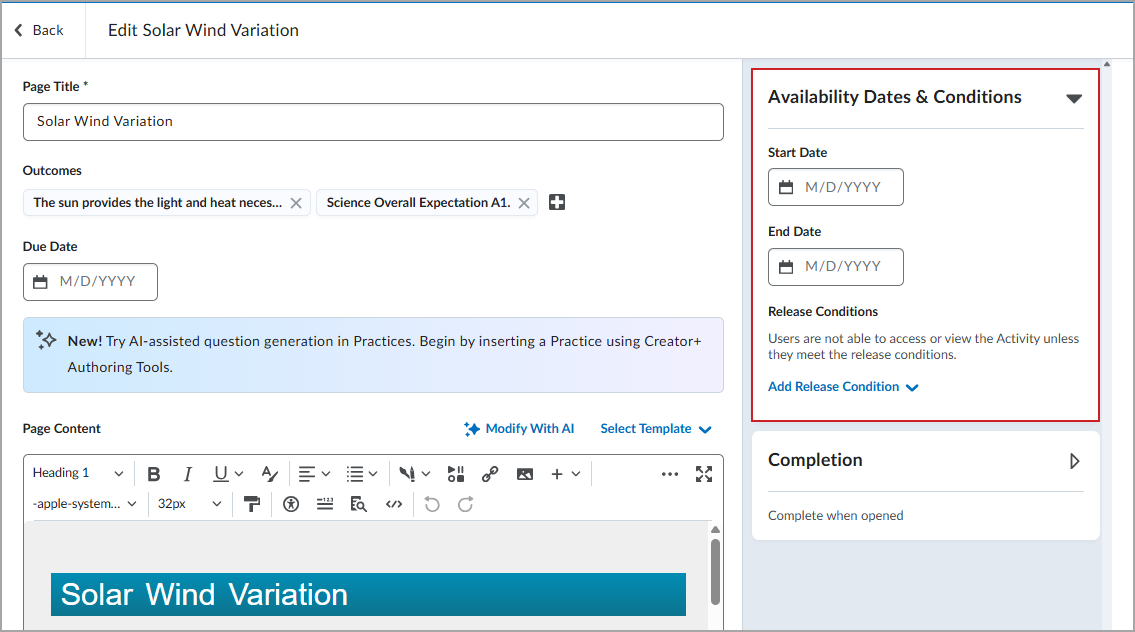 The Availability Dates & Conditions accordion showing the Start Date and End Date fields