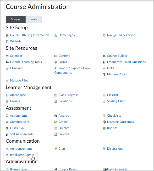 The Course Administration page with the Intelligent Agents option highlighted