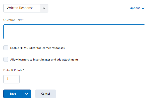 The Written Response creation page of Question Library.