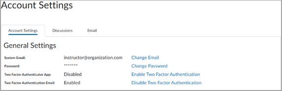Two Factor Authentication App appears Disabled and Two Factor Authentication Email options appears Enabled in Account Settings