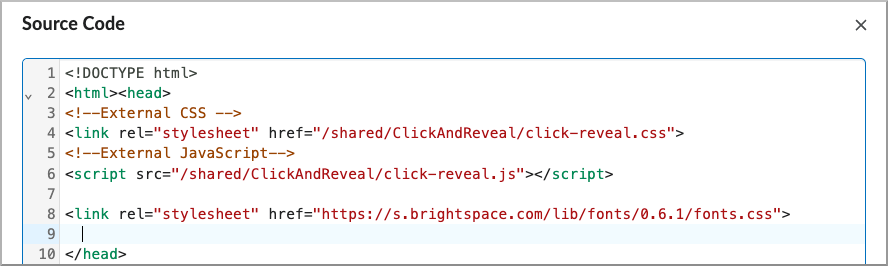 Editor de fuente HTML que muestra etiquetas de enlace y secuencia que hacen referencia a archivos externos de CSS y JavaScript mediante una ruta relativa que comienza con /shared.