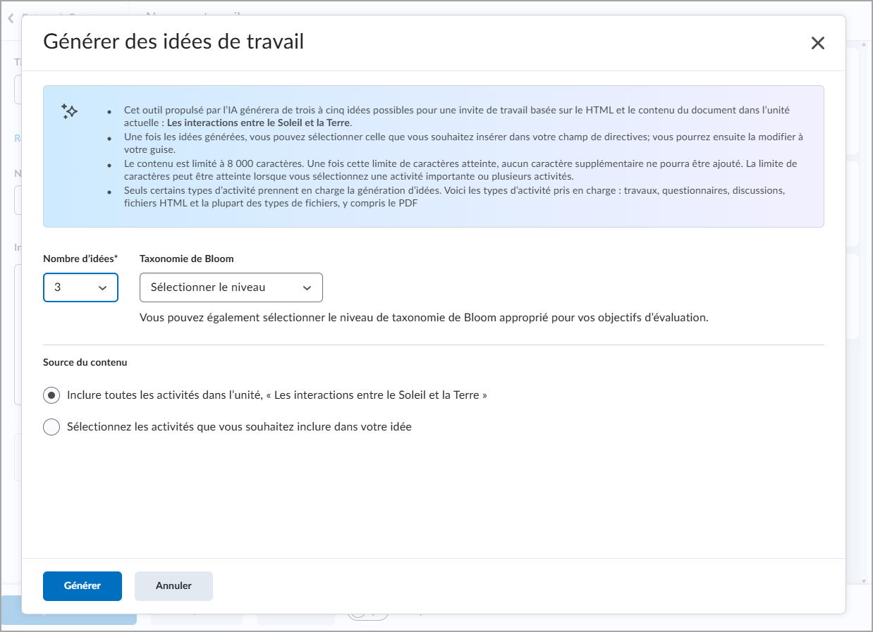 Boîte de dialogue Générer des idées de Travaux, affichant les options Lumi AI pour le nombre d’idées, le niveau de taxonomie de Bloom et la sélection des activités.