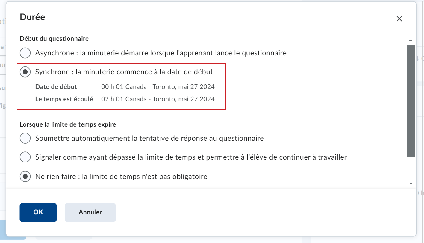 La zone Durée et affichage agrandie dans la page d'un questionnaire, avec le bouton Réglages de la minuterie et la boîte de dialogue Durée. L'option « Synchrone : la minuterie commence à la date de début » est sélectionnée sous « Début du questionnaire ».