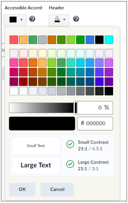 The color picker provides the ability to select a color either manually or by entering a hex code value, set  saturation, and check accessibility contrast.