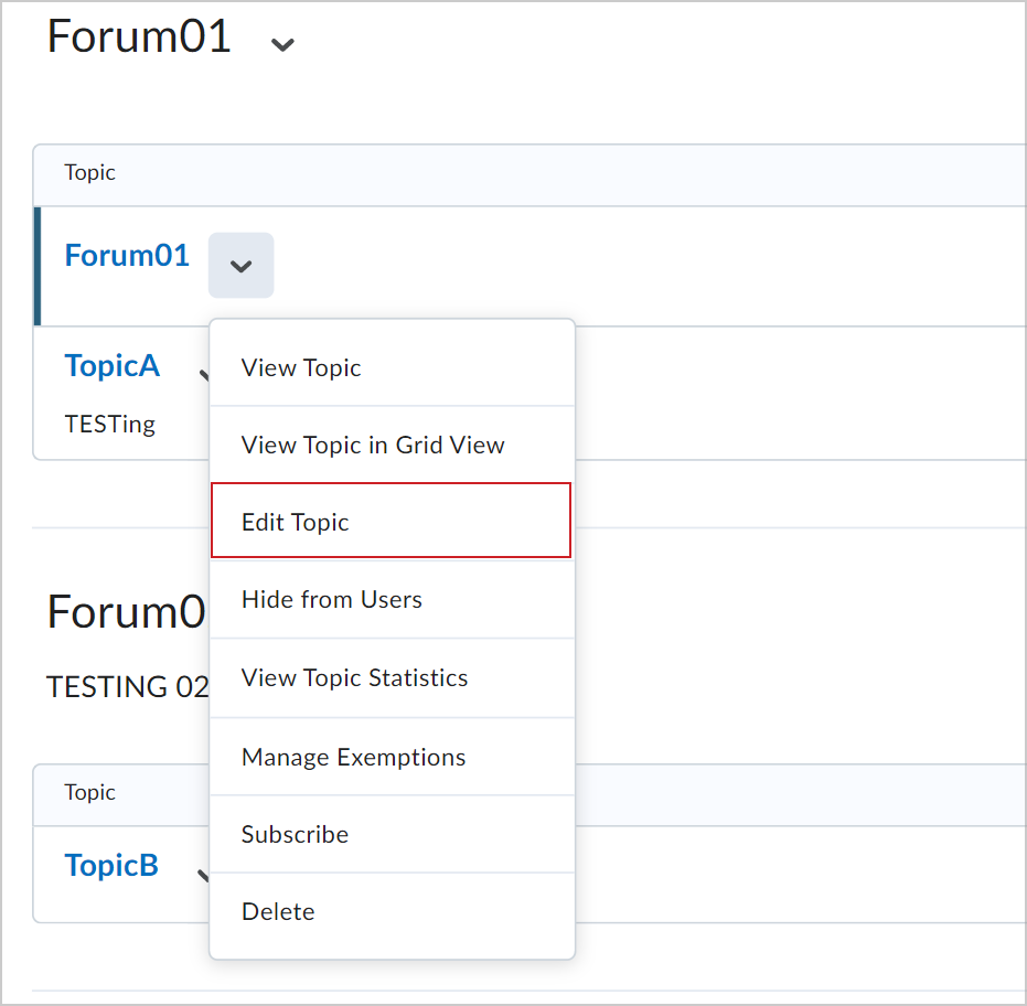 The Actions menu for a discussion topic showing the Edit Topic option.