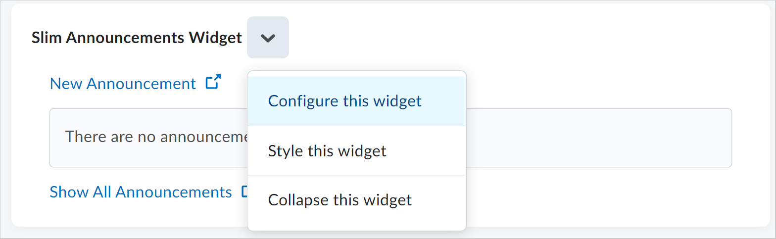 Het contextmenu van de widget Korte aankondigingen met de optie Deze widget configureren