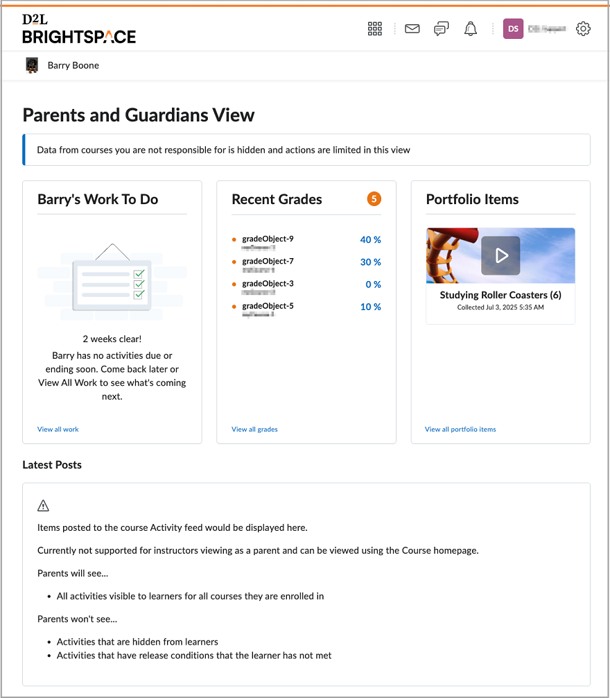 La ventana Vista de padres y tutores muestra el componente Trabajo por hacer, las calificaciones recientes, los elementos del portafolio y las publicaciones más recientes.