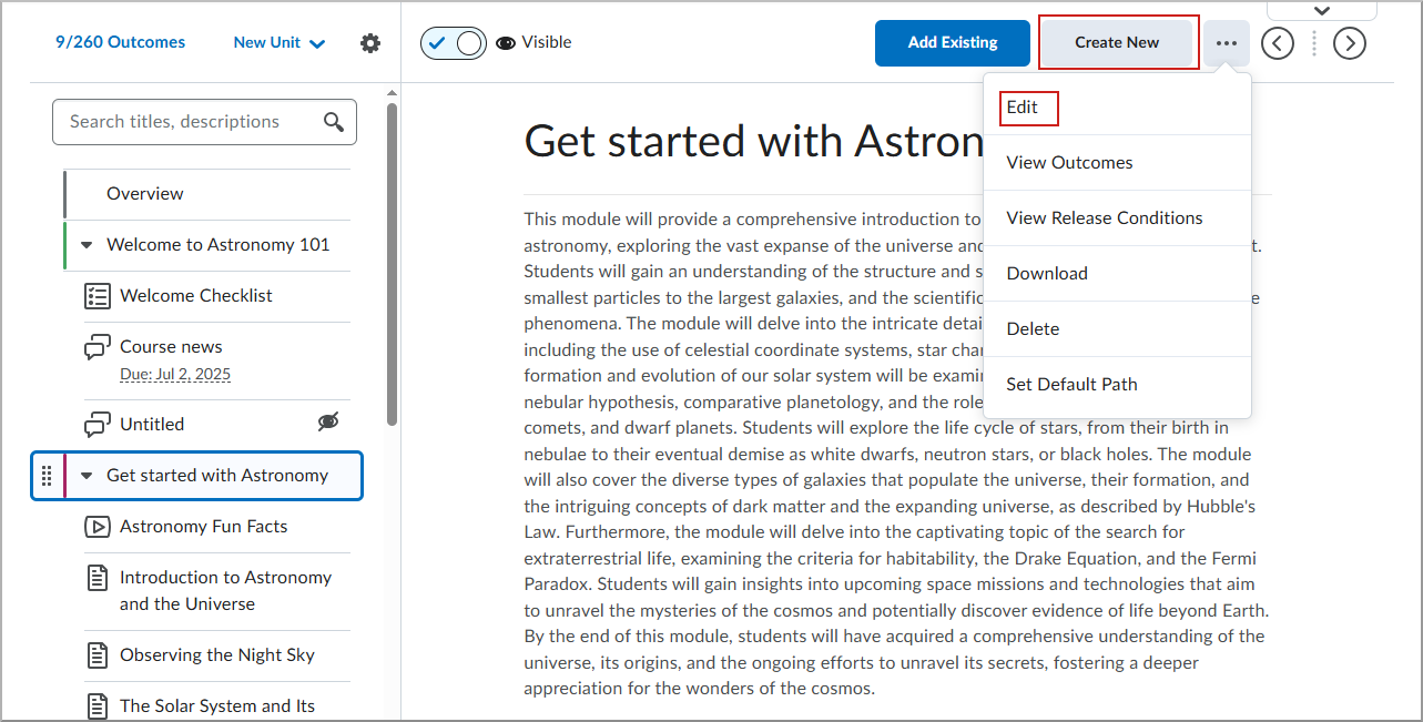 Página Tópico do conteúdo com o menu Opções exibido e a opção Editar selecionada.
