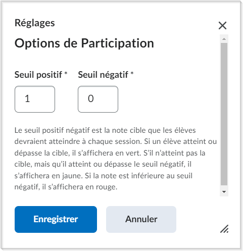 La boîte de dialogue Options de participation.