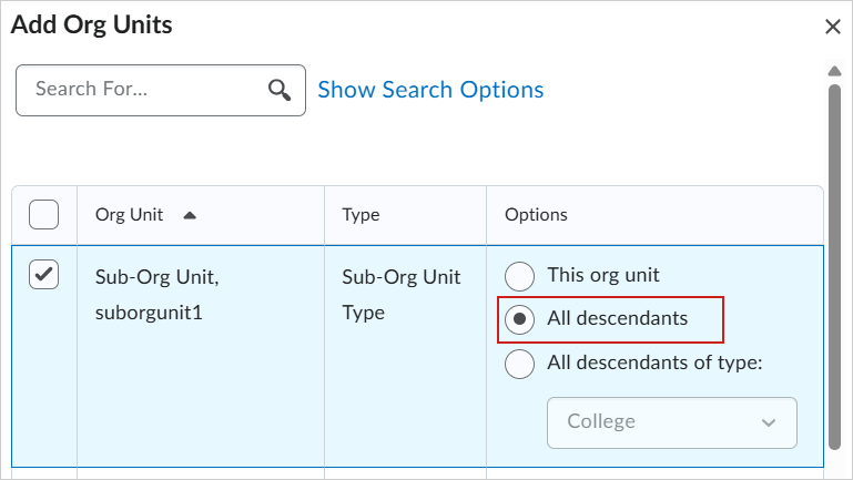 The Add Org Units dialog with All descendants radio button highlighted.
