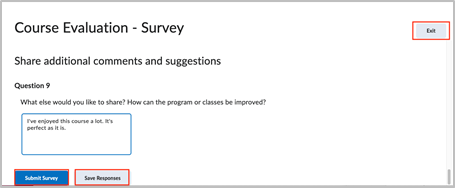 Course survey example with the Submit Survey and Save Responses options highlighted.