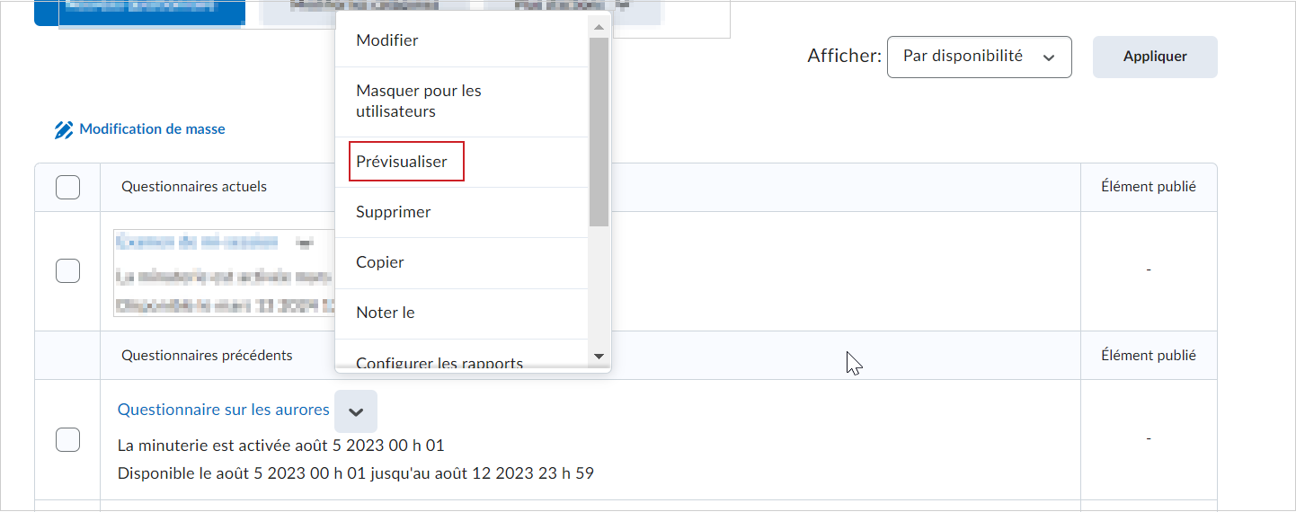 Le menu contextuel d'un questionnaire comprend l'option Aperçu.