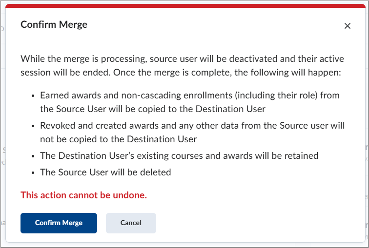 Confirm Merge dialog showing transfer details and Merge Users button
