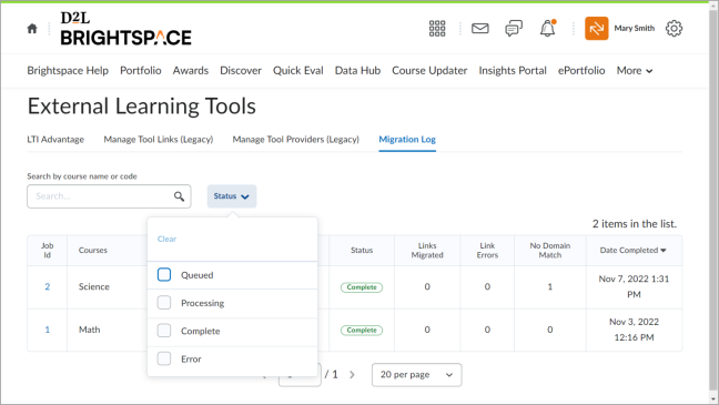 The Migration Log page and table located in External Learning Tools