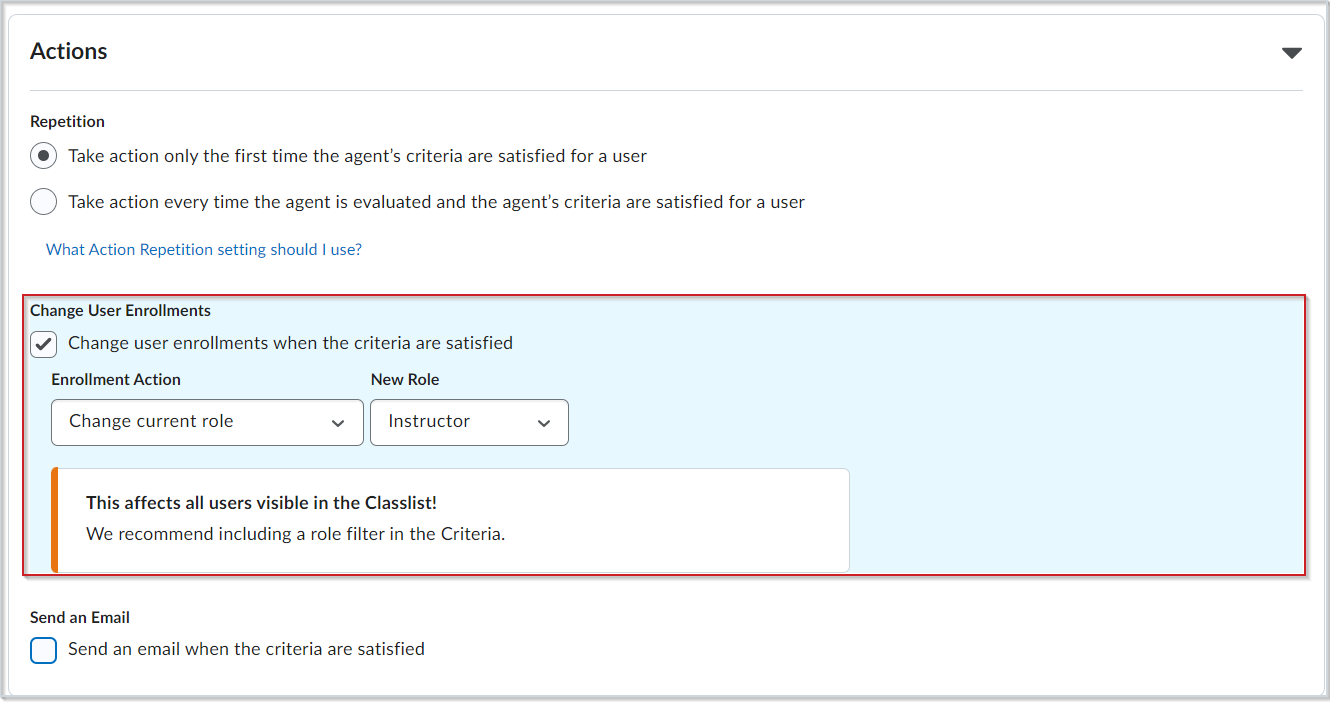 The Actions section showing the Change User Enrollments option set to change current role.