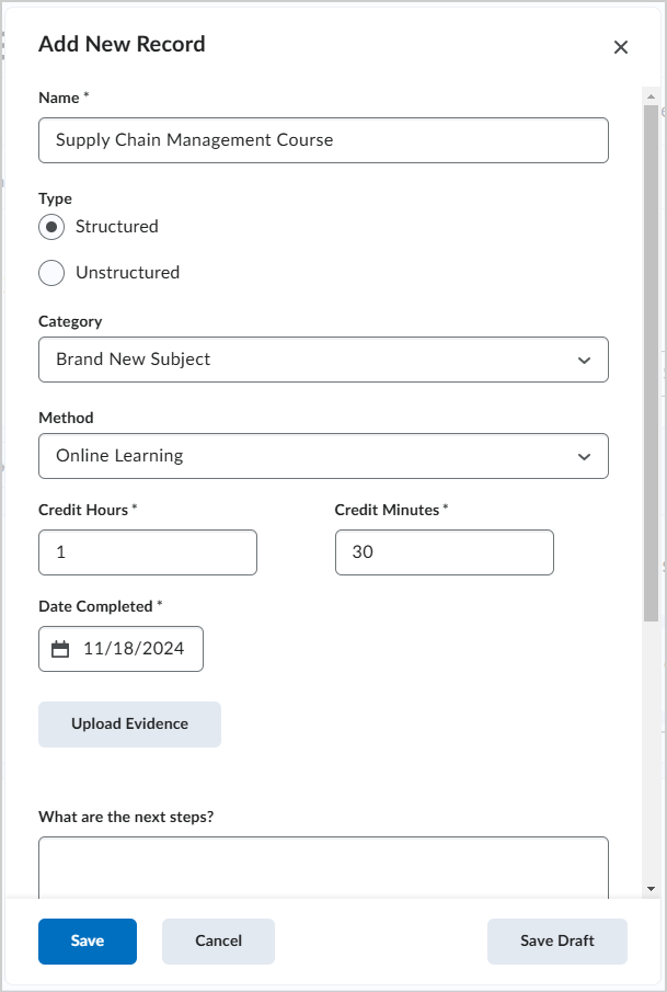 The Add New Record dialog showing the fields for completing a new record