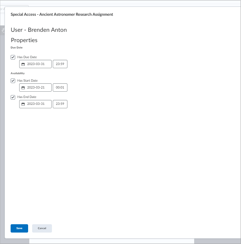 El cuadro de diálogo Acceso especial para el envío de una asignación.