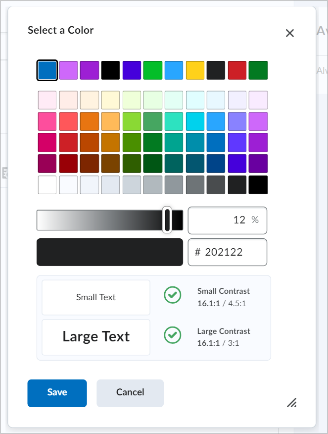 En el selector de color, se muestran las opciones para elegir un color o ingresar un código hexadecimal, con vistas previas del texto.