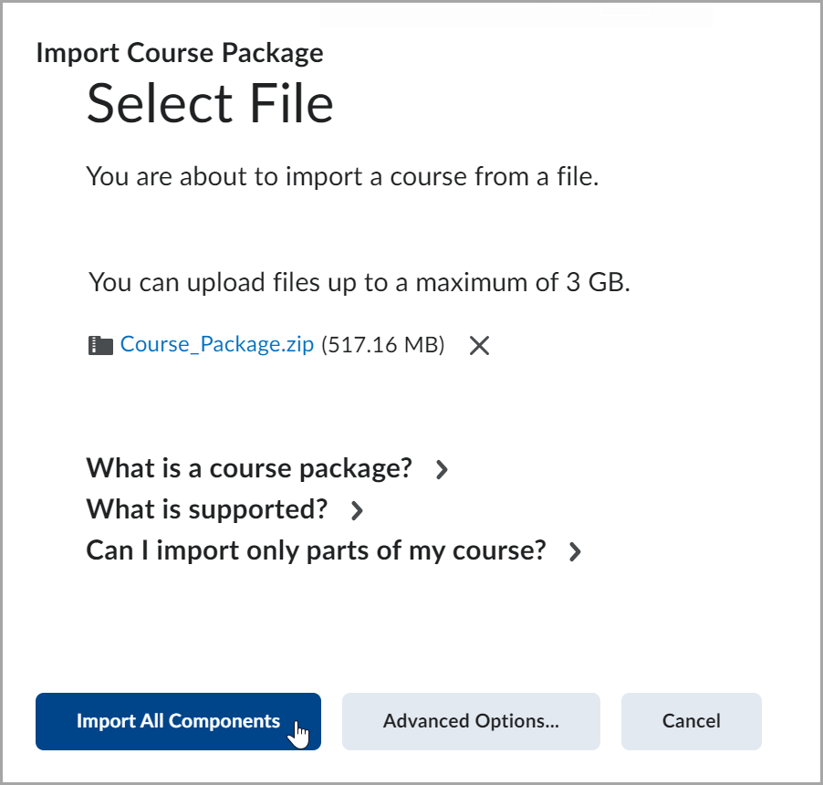 Dialoogvenster Bestand importeren voor het importeren van een cursuspakket met de optie Alle onderdelen importeren, Geavanceerde opties... en Annuleren