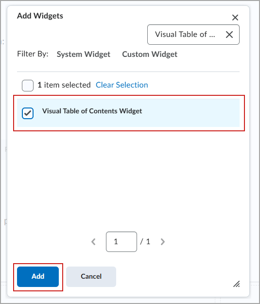 Add the Visual Table of Contents widget using the system widget selection menu
