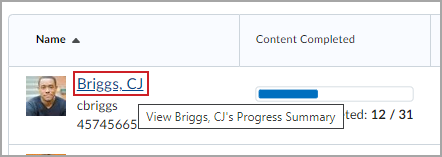 O Resumo do progresso, destacando o nome dos alunos que permite visualizar mais informações para aquele aluno específico.