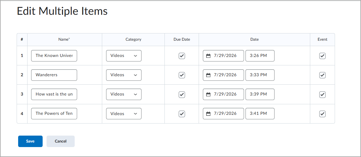 Edit Multiple Items page for updating multiple items at once