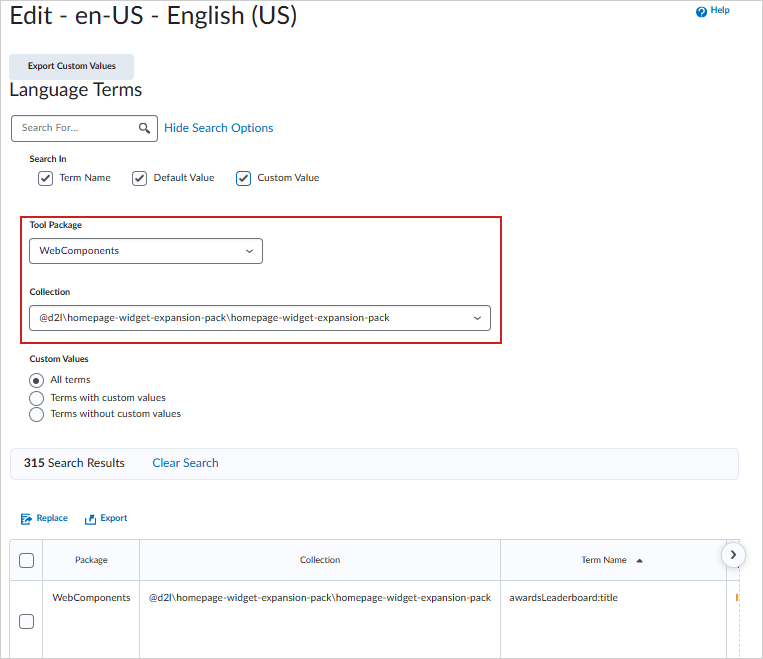 The Edit - en-US - English (US) page with the WebComponents Tool Package and HWEP Collection selected.