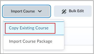 El menú desplegable Importar curso con la opción Copiar curso existente resaltada.