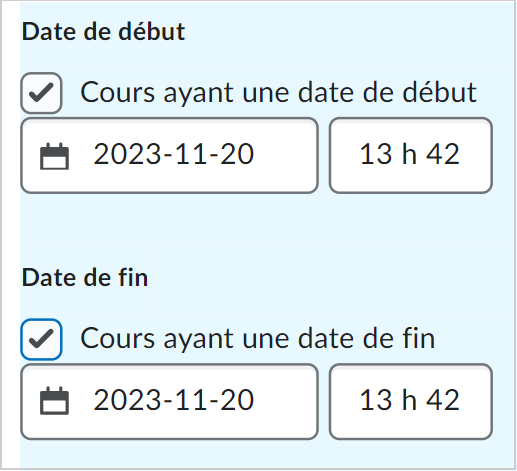 Les options Dates de début et de fin de votre offre de cours.