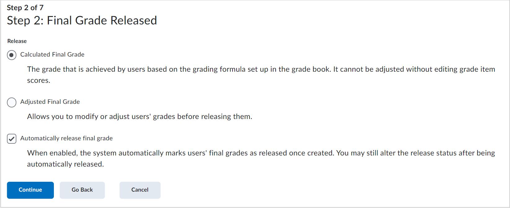 The Final Grade Released page showing different options for releasing final grades