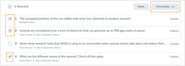 The More Actions button displays the standards you can align to the selected question.