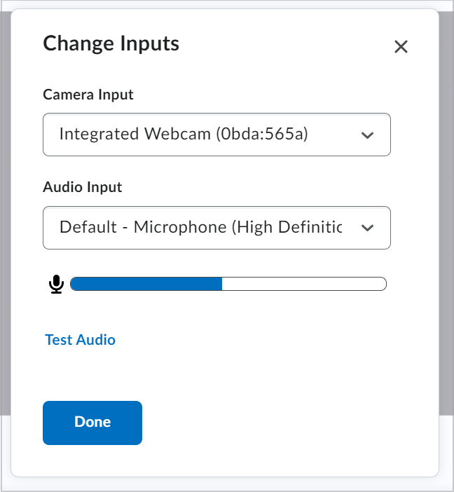 The Change Inputs dialog showing the Camera Input and Audio Input drop-downs, and the Test Audio option.