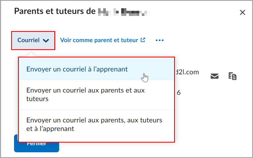 Options de courriel offertes à l’enseignant : étudiant, parents et tuteurs, ou tous.