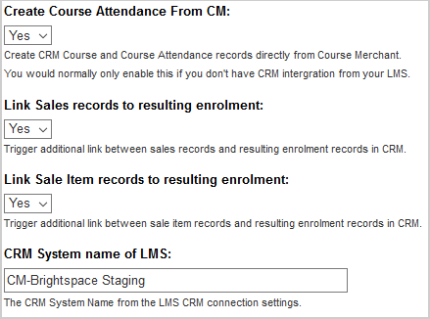 The CRM settings for course attendance for an LMS