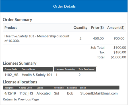 The Order Details with an Order and Licenses Summary