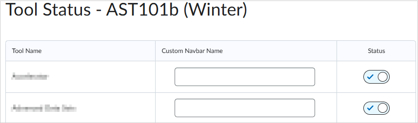 The Tool Status page for a course.