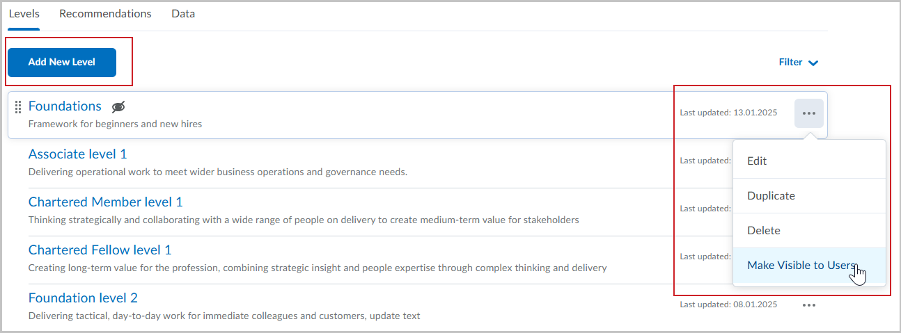 Brightspace Profession Path tool displaying the Levels tab with an Add New Level button and a list of levels including Foundations, Associate Level 1, and Chartered Member Level 1. An edit menu is expanded for the Foundations level, showing options such as Edit, Duplicate, Delete, and Make Visible to Users