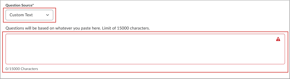 The Generate Questions dialog showing the Content Source, Number of Questions, and Question Type drop-down menus and the Source Text field.