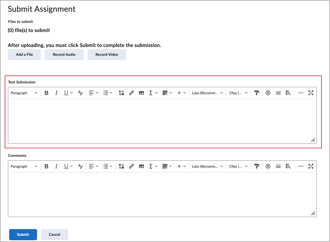 La página Enviar asignación para una asignación que permite materiales enviados como archivo y texto.