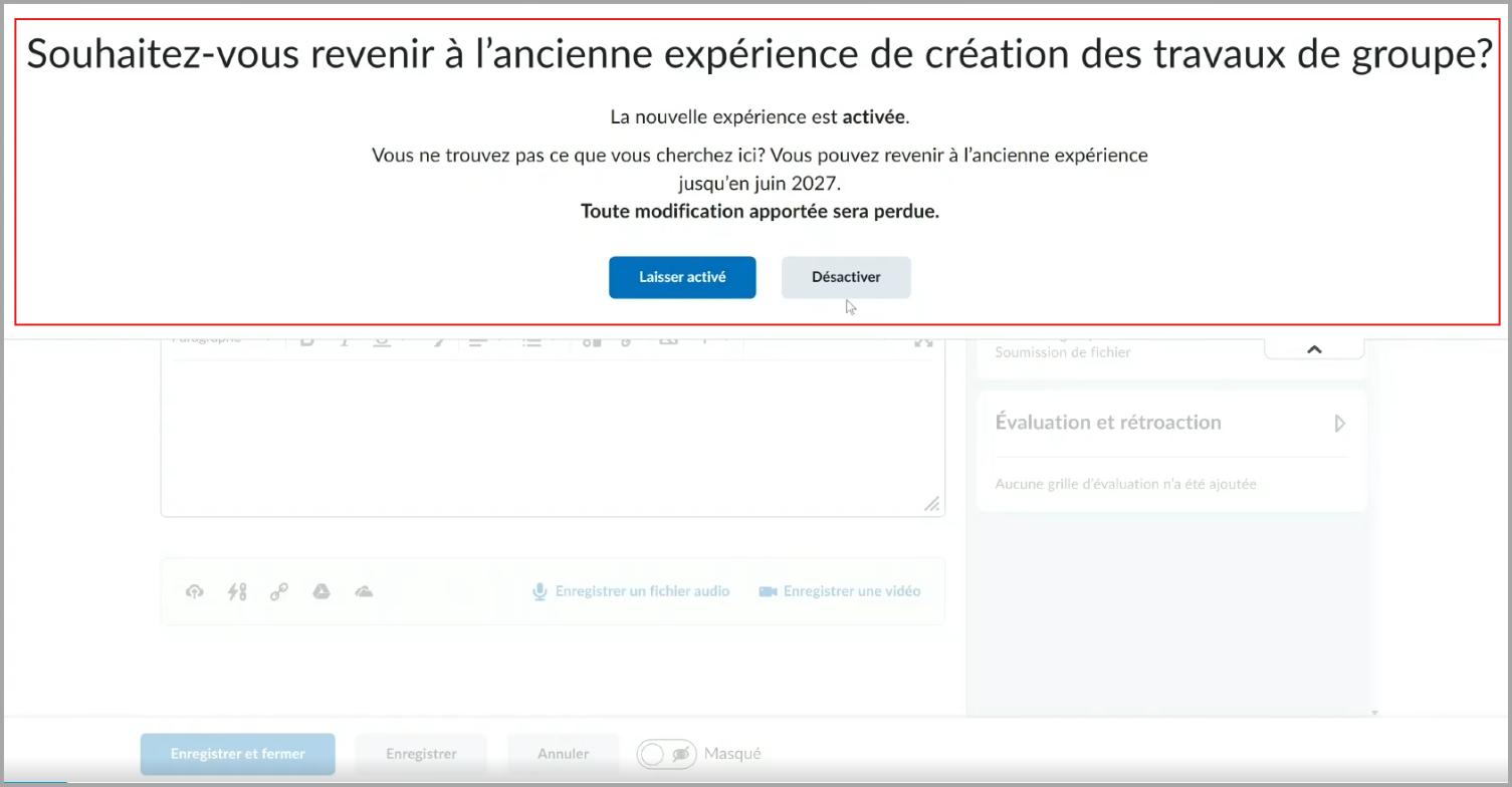 Liste déroulante sur la page de création des travaux invitant les utilisateurs à essayer de créer des travaux de groupe dans la nouvelle expérience, avec les boutons Activer et Laisser désactivé au-dessus du formulaire de création de travaux.