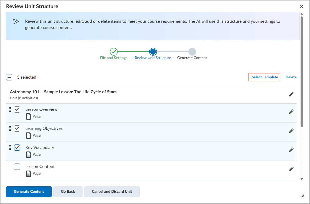 Revuew Unit Stucture page with Select Template highlighted.