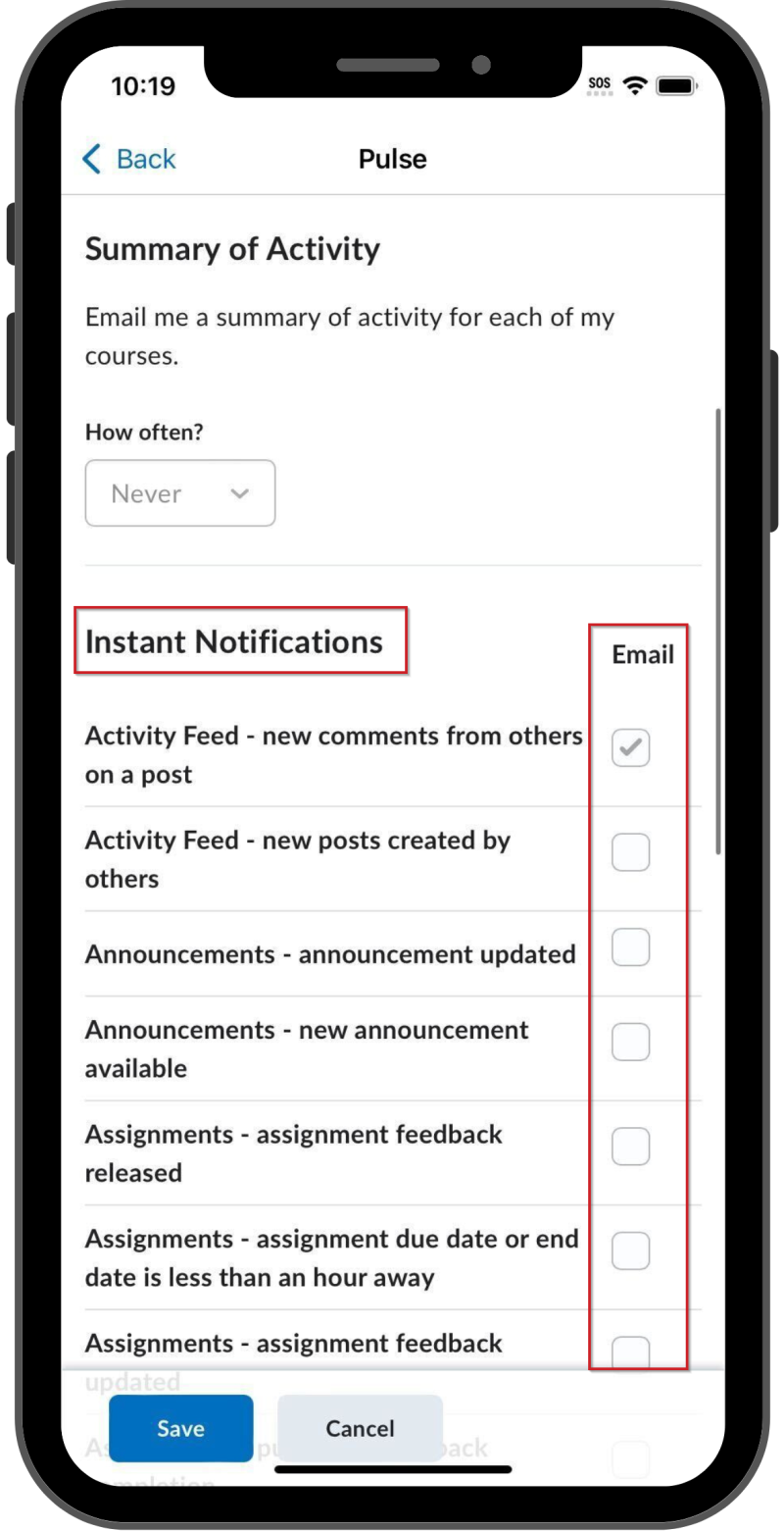 The Instant Notifications section with the Email checkbox column highlighted.