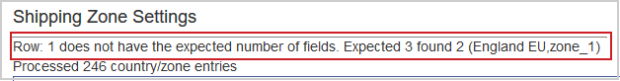 A CSV file error message stating the location in the file where the error occurs