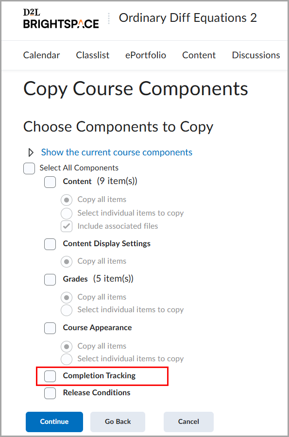 Copy Course Components page with Completion Tracking as an optional item to copy.